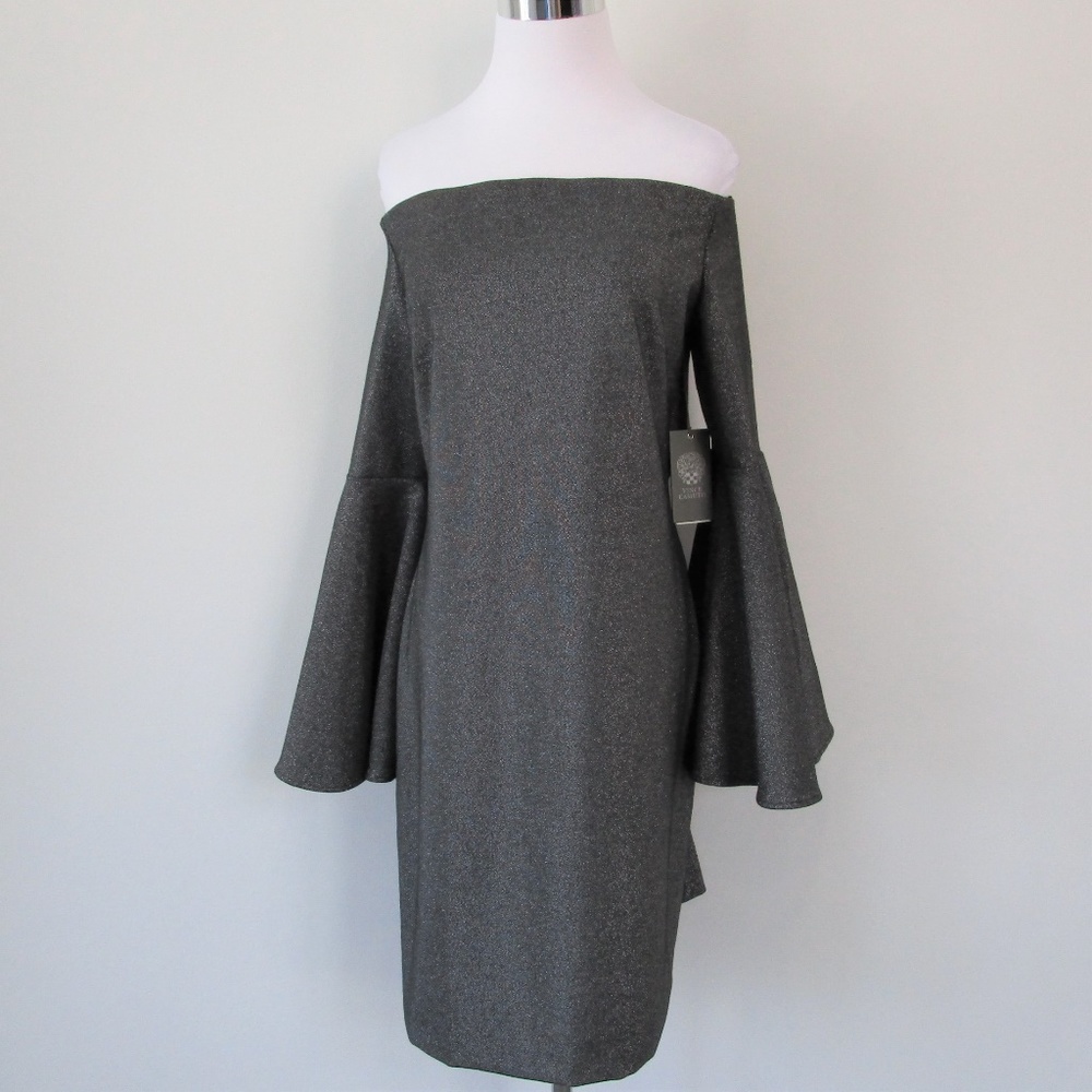 NWT Metallic Silver Off Shoulder Bell Sleeve Dress - Picture 4 of 8